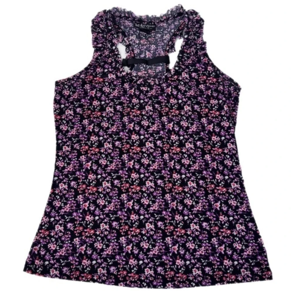 Self Esteem Tank Top Women Large Purple Floral Ruffle Bow Racerback Blouse